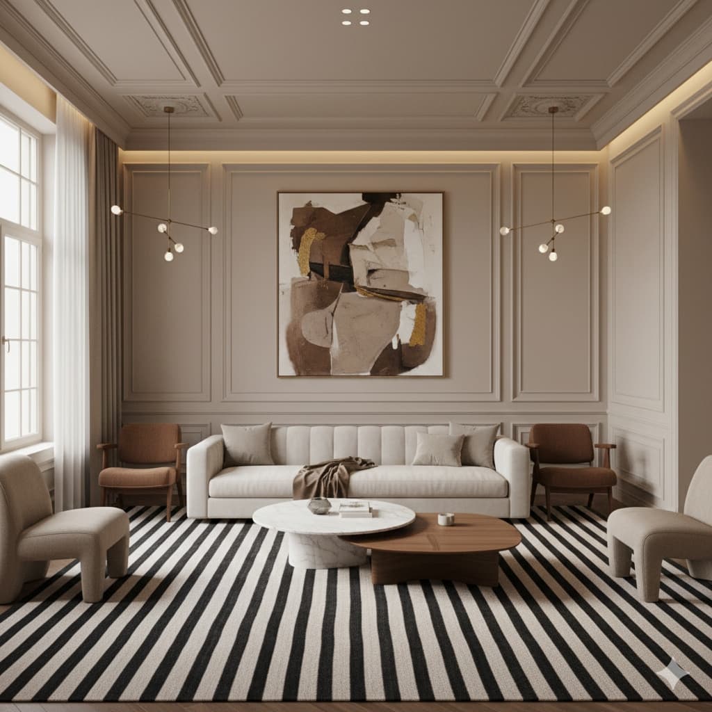 Bright and modern studio interior featuring a large white sofa, abstract art, and high ceilings with elegant lighting, designed for professional content creation.