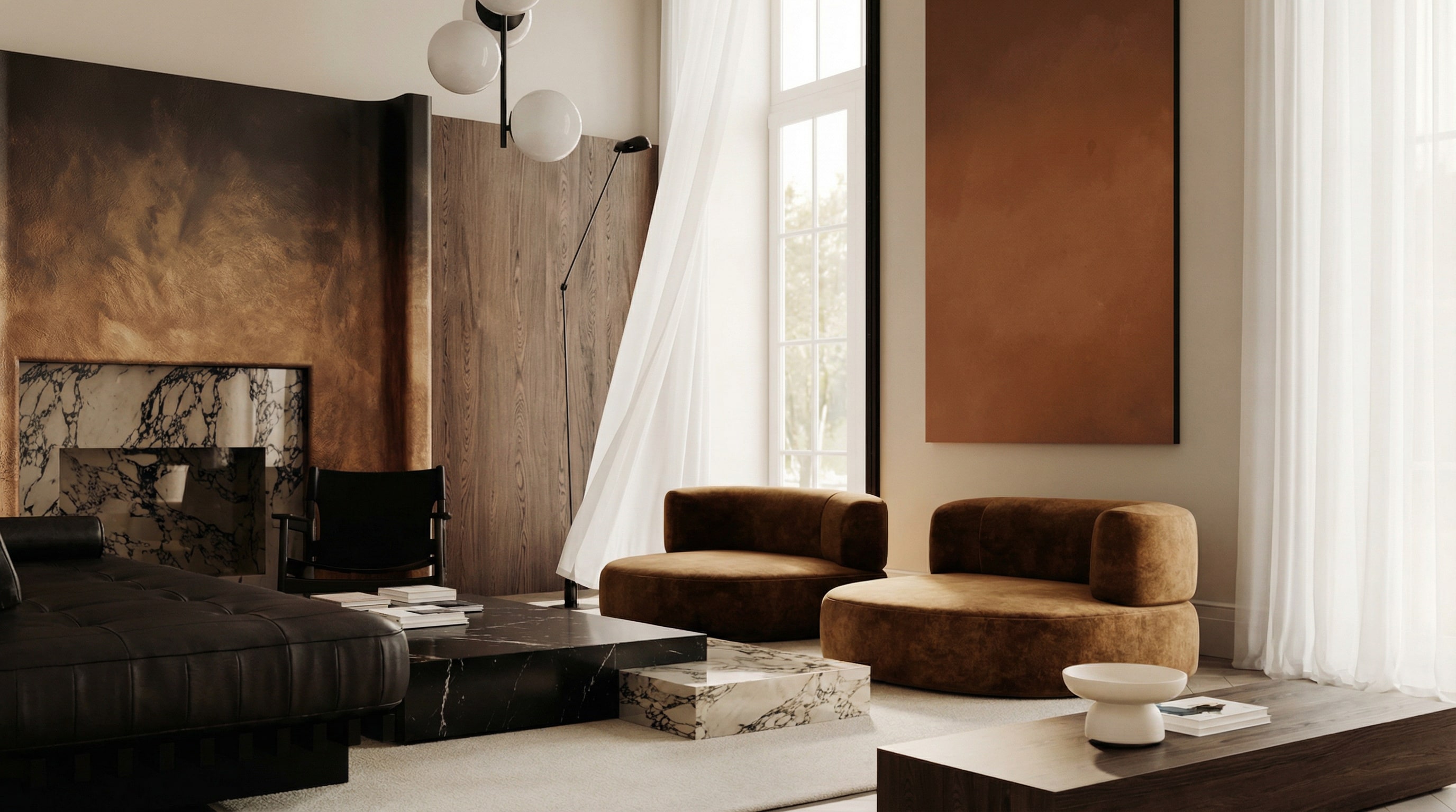 Bright and modern studio interior featuring a large white sofa, abstract art, and high ceilings with elegant lighting, designed for professional content creation.